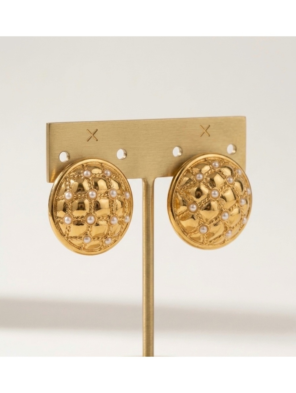 Vintage Gold Tone Quilted Clip-On Earrings with Faux Pearls by Joan Rivers